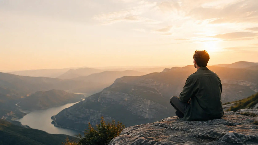 A person sitting calmly above a mountain lake while reflecting on worst-case scenario thinking